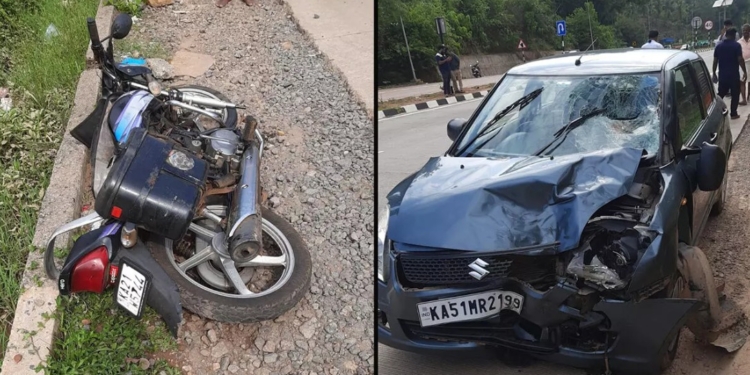 ಬೈಕ್‌-ಕಾರು ಡಿಕ್ಕಿ : ಗಂಡ ಸ್ಥಳದಲ್ಲೇ ಸಾವು, ಪತ್ನಿಗೆ ಗಂಭೀರ ಗಾಯ